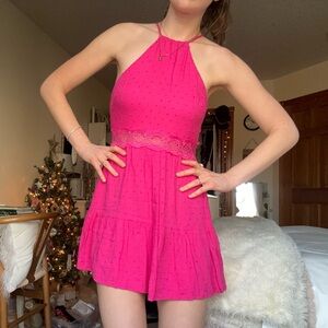 lulu's so dainty hot pink swiss dot halter neck lace mini dress